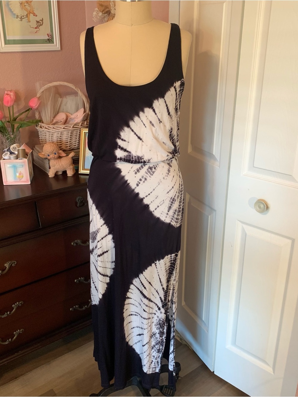 INC INTERNATIONAL CONCEPTS Black and White Tie-Dye Knit Maxi Dress